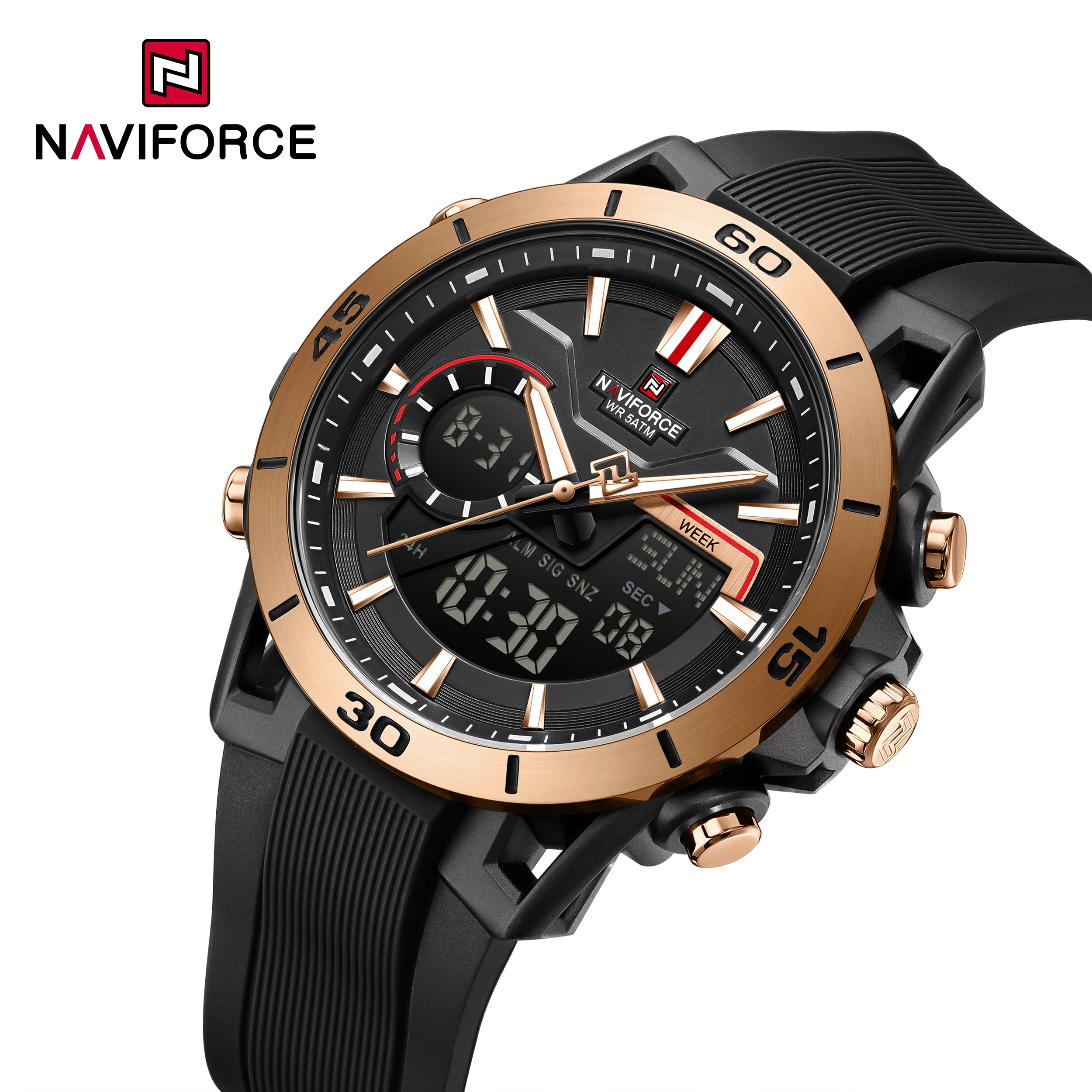 NAVIFORCE 7135 Sports Fashion Electronic Watches for Man Luminous Calendar 50m Waterproof Dual Display Casual Men Digital Watch