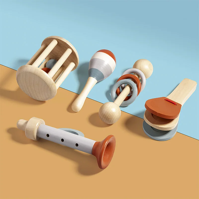 Wooden Hand Held Bells Shaking Bell Musical Instrument Soothing Toy Set Listening Concentration Training Class Game Sensory Toys