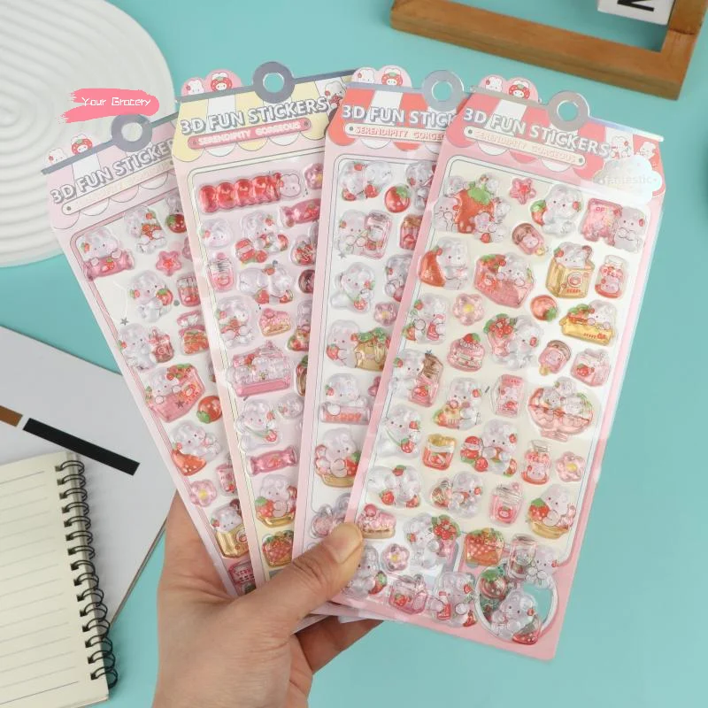

Y-2/4Pcs Fun Kawaii Bunny Embossed Crystal Stickers - 3D Raised Texture, Cute Decor For Notebook, Phone Case & DIY Crafts
