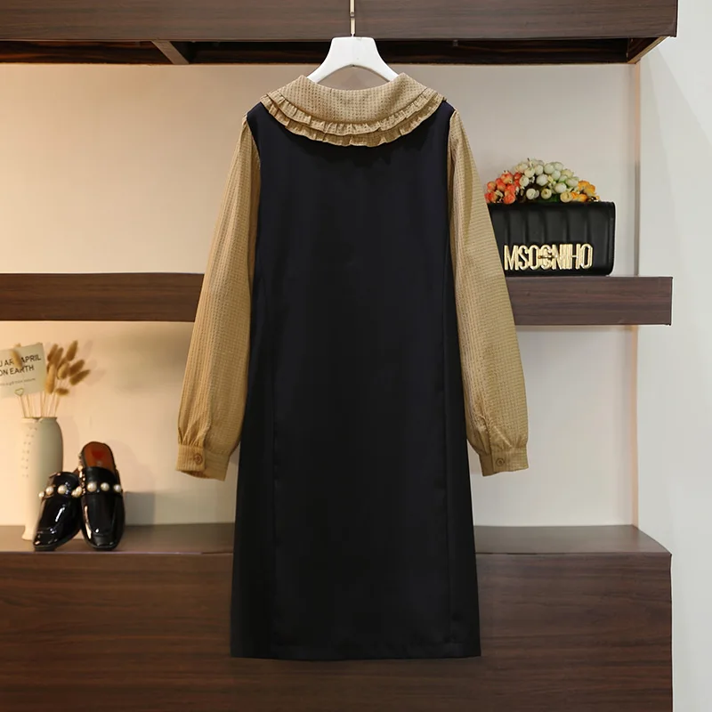 Plus-size women's Spring Casual doll collar long-sleeved dress Black khaki patchwork elegant party dress Loose commuter dress