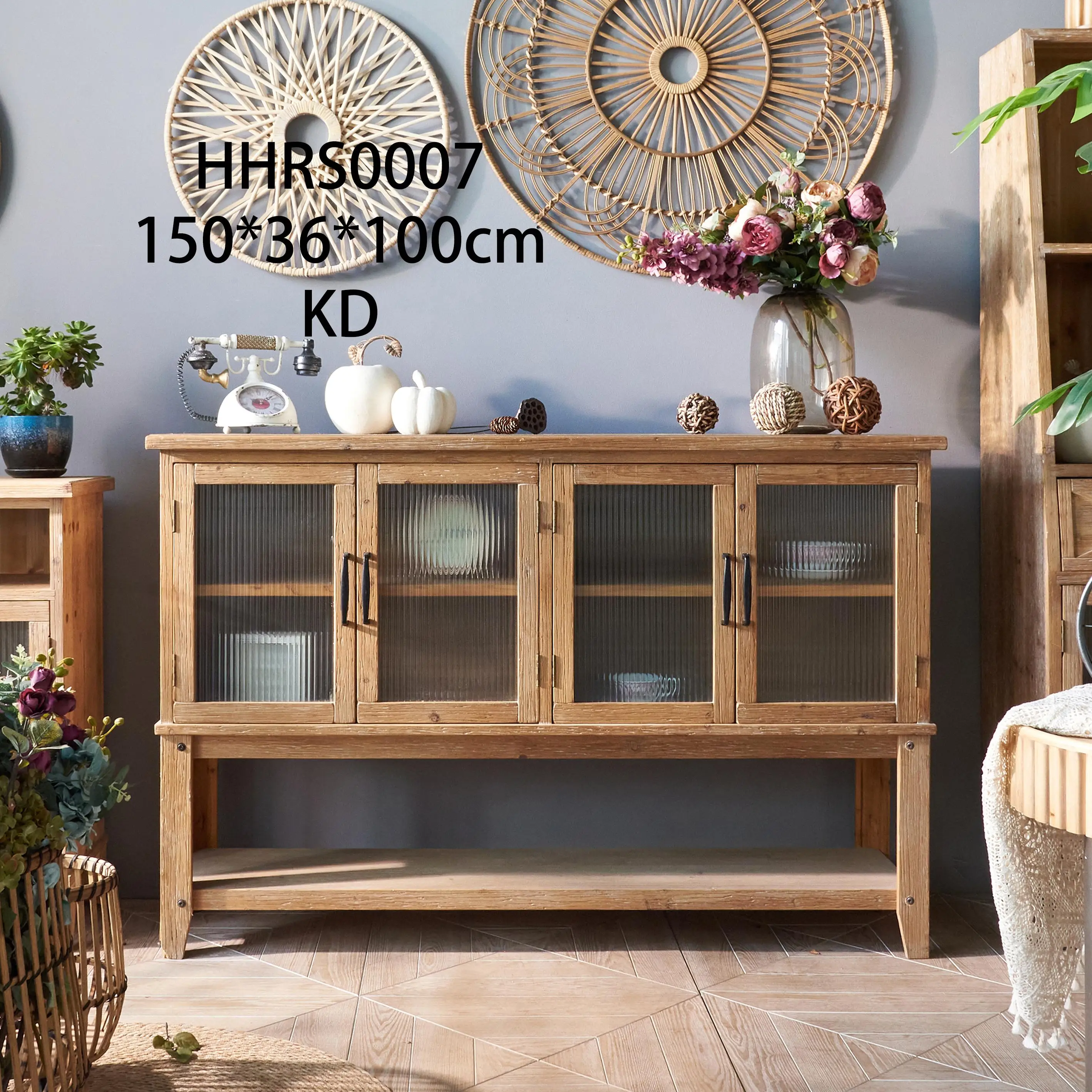 Accent Pastoral Style Home Furniture Solid Wood Kitchen Dining Room Storage Console Cabinet with 4 Glass Doors