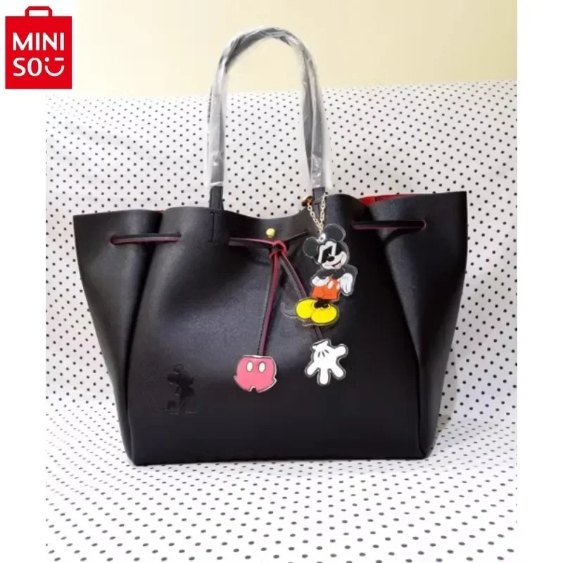 MINISO Disney Mickey Donald Duck Classic Drawstring Shoulder Bag Women\'s High Quality Sweet Versatile Storage Tote Bag