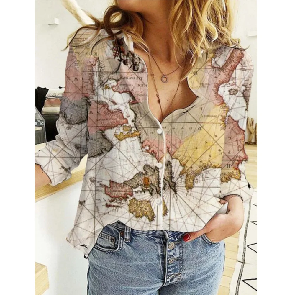 Acting Pro Skirt Print Women\'s Loose Map Print Shirt Sleeve Long Casual Top World Lapel Button Women Womens V Neck Shirts Casual