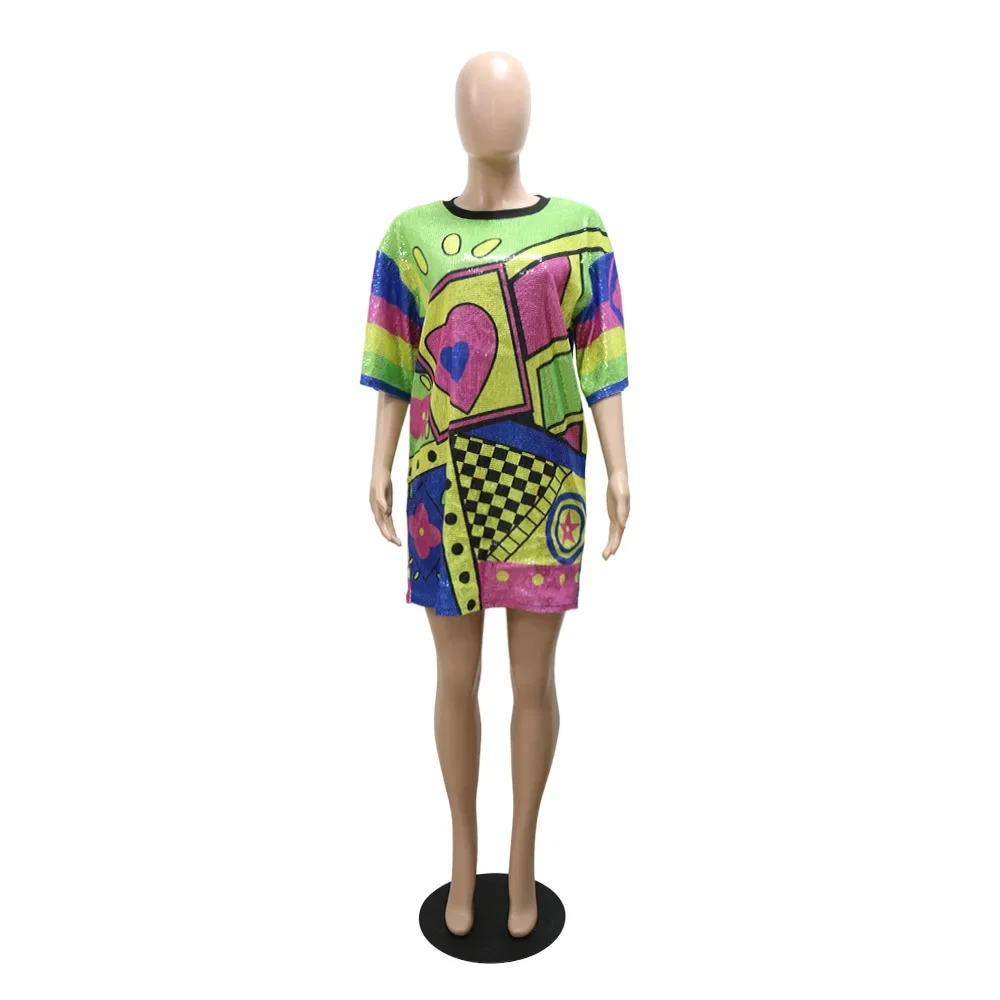 Crew Neck Sexy Dress Summer Casual Straight Half Sleeve Loose Bead Print Dress Women\'s Party Sequins Nightclub Style Dress