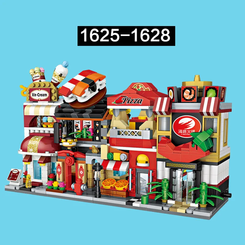 Creative Mini Block City Street View Pizza Sushi Bar Ice Cream Hot Pot Shop Pizzeria Building Brick Assemble Toys For Kids Gift