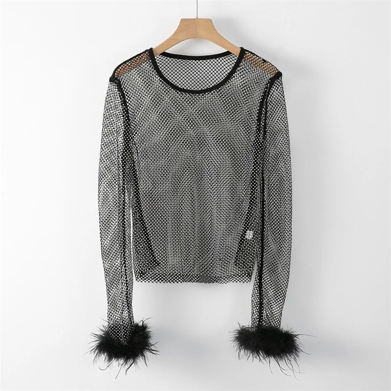 Damen T-Shirts und Polos Funkelndes Strass-Netzoberteil mit Federmanschetten Langarm Durchsichtige Party-Clubwear Bluse Tops & T-Shirts – Detail 2