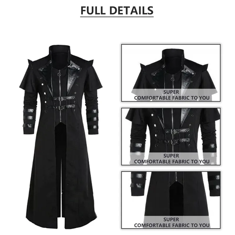 Costume Médiéval Steampunk d'Assassin Elfes 7.5 pour Homme Adulte, Veste Longue Fendue Noire, Armure Gothique, Combinaison en Cuir, Vintage, Halloween