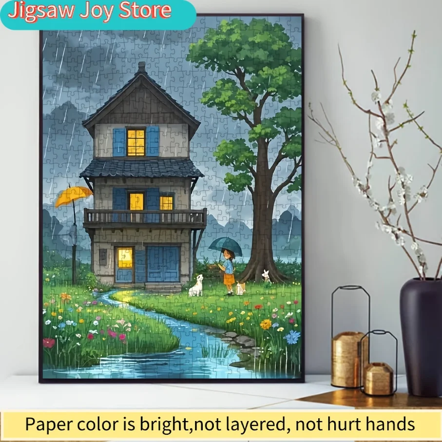 Quebra-Cabeça para Adultos - Cena de Chuva de Verão com Casa, Árvores e Guarda-chuvas, Jogo Educativo e Divertido para Festas, Decoração de Casa, B