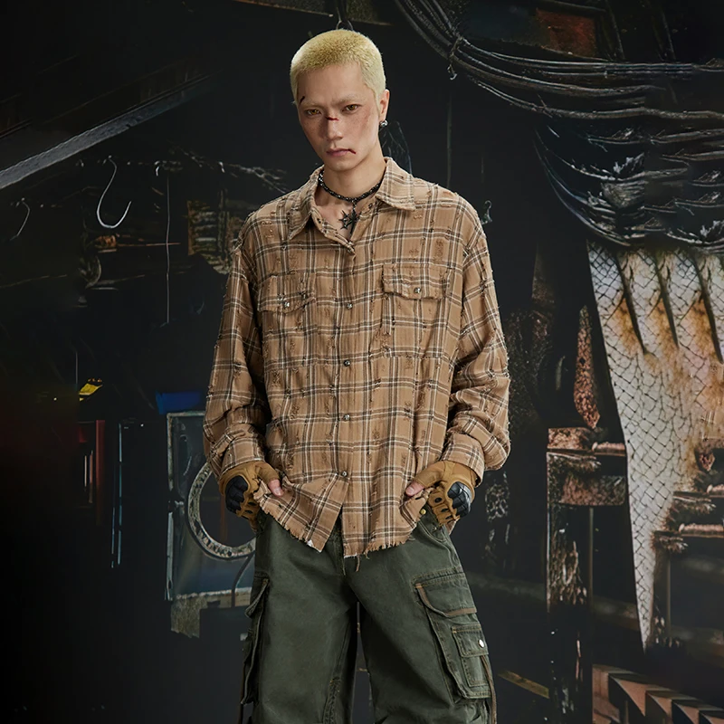 LUZHEN New Original Wornout Design Burr Long Sleeve 2026 Shirts Men's Fashion Handsome Personalized Checked Printed Tops JY8563