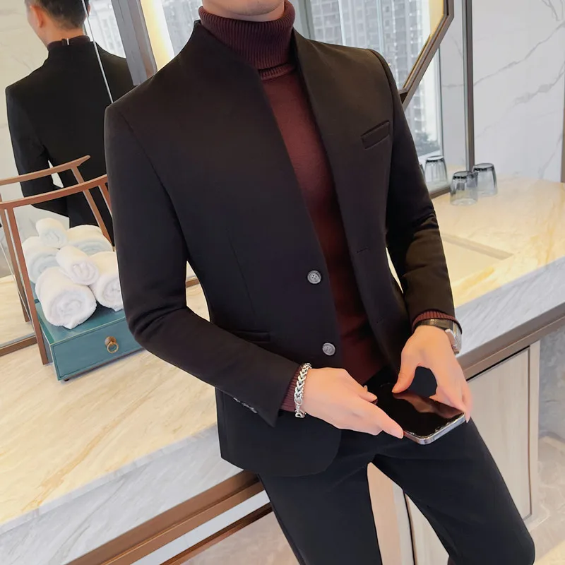 Top Quality Winter Men\'s Woolen Suit Jacket Slim Casual Business Blazer Masculino Stand Collar Social Banquet Wedding Dress Coat