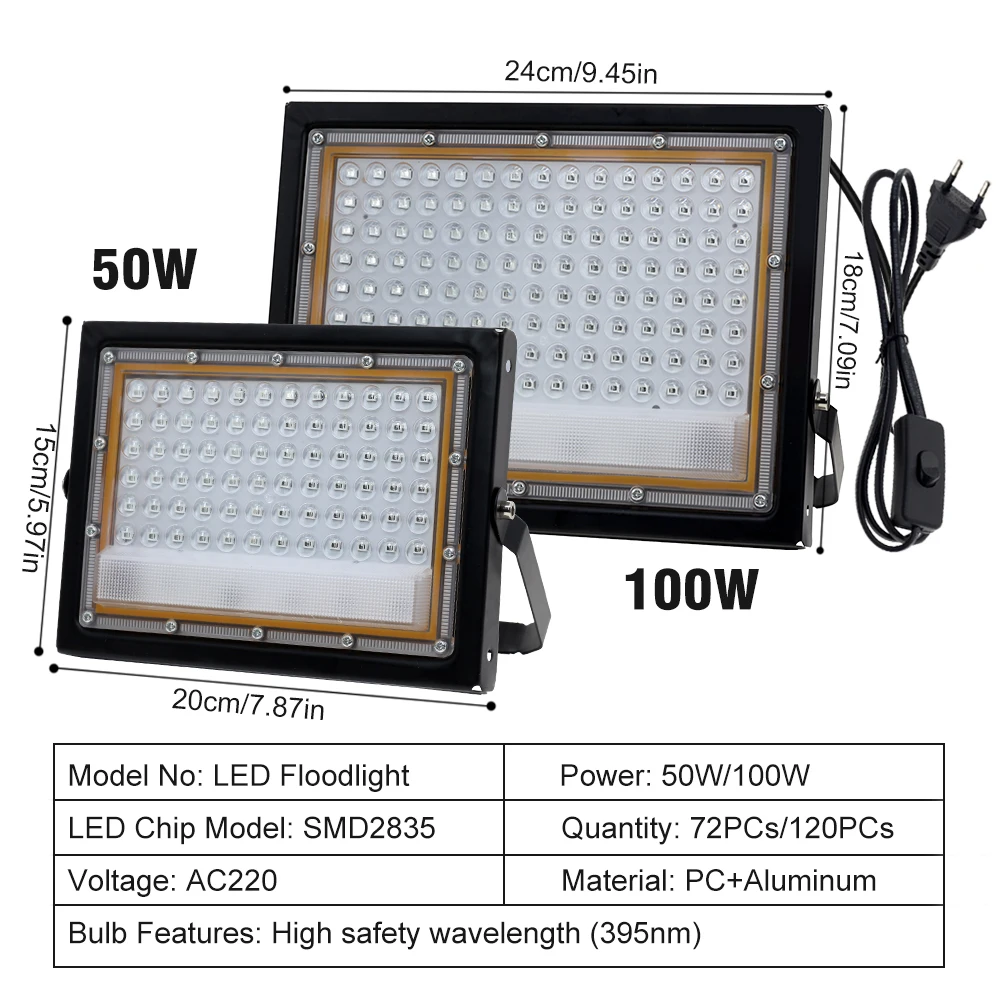 39nm LED الأشعة فوق البنفسجية كشاف ضوء 50 واط 100 واط LED المرحلة الضوء الأسود 220 فولت مقاوم للماء الأشعة فوق البنفسجية الفلورسنت حفلة المرحلة الخلفية