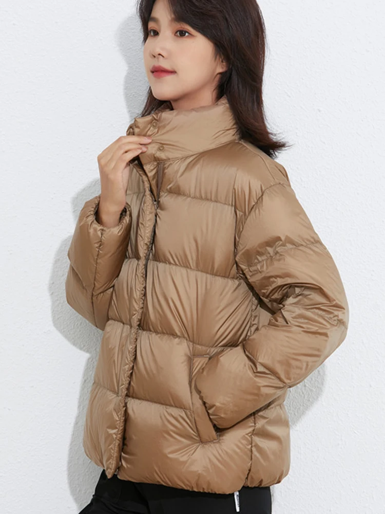 Chaqueta de plumón de pato ultraligera para mujer, abrigo informal holgado con cuello levantado, ropa impermeable y cálida a prueba de viento,