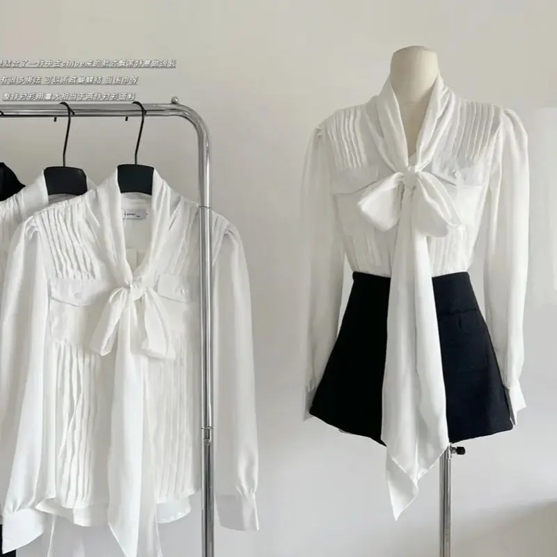 

Women's White Black Bow Tie French Pleated Shirt Top 90S Spicy Girl Y2K Autumn Dress Casual New Organ Ribbon Top Shirt