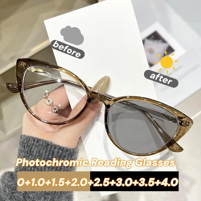 

Outdoor Color Changing Reading Glasses Women Men Fashion Cat Eye Anti Blue Light Photochromic Far Sight Eyeglasses UV Protection