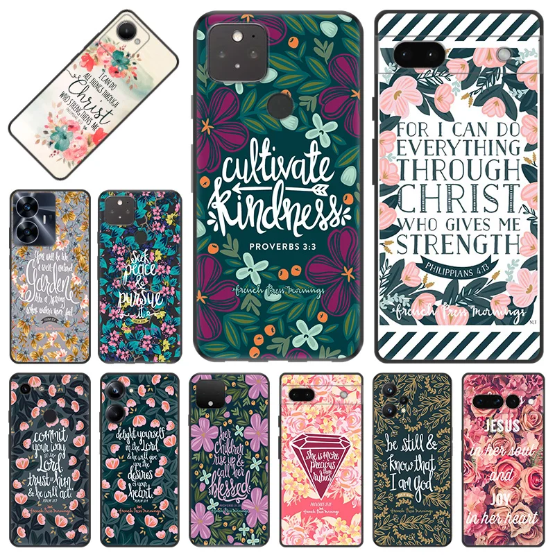 Phone Case for Pixel 8 Pro 8a 7a 7 6 Motorola G200 Edge 40 30 20 One Fusion Flower Bible Verse Philippians Black Anti-Drop Cover