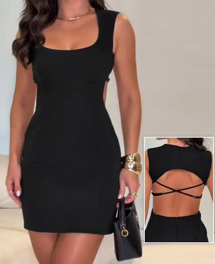 

Women's Sleeveless Sexy Backless Dress Female Daily Square Neck Wear Personalized Street Woman Y2K Girl Vacation Mini Dresses