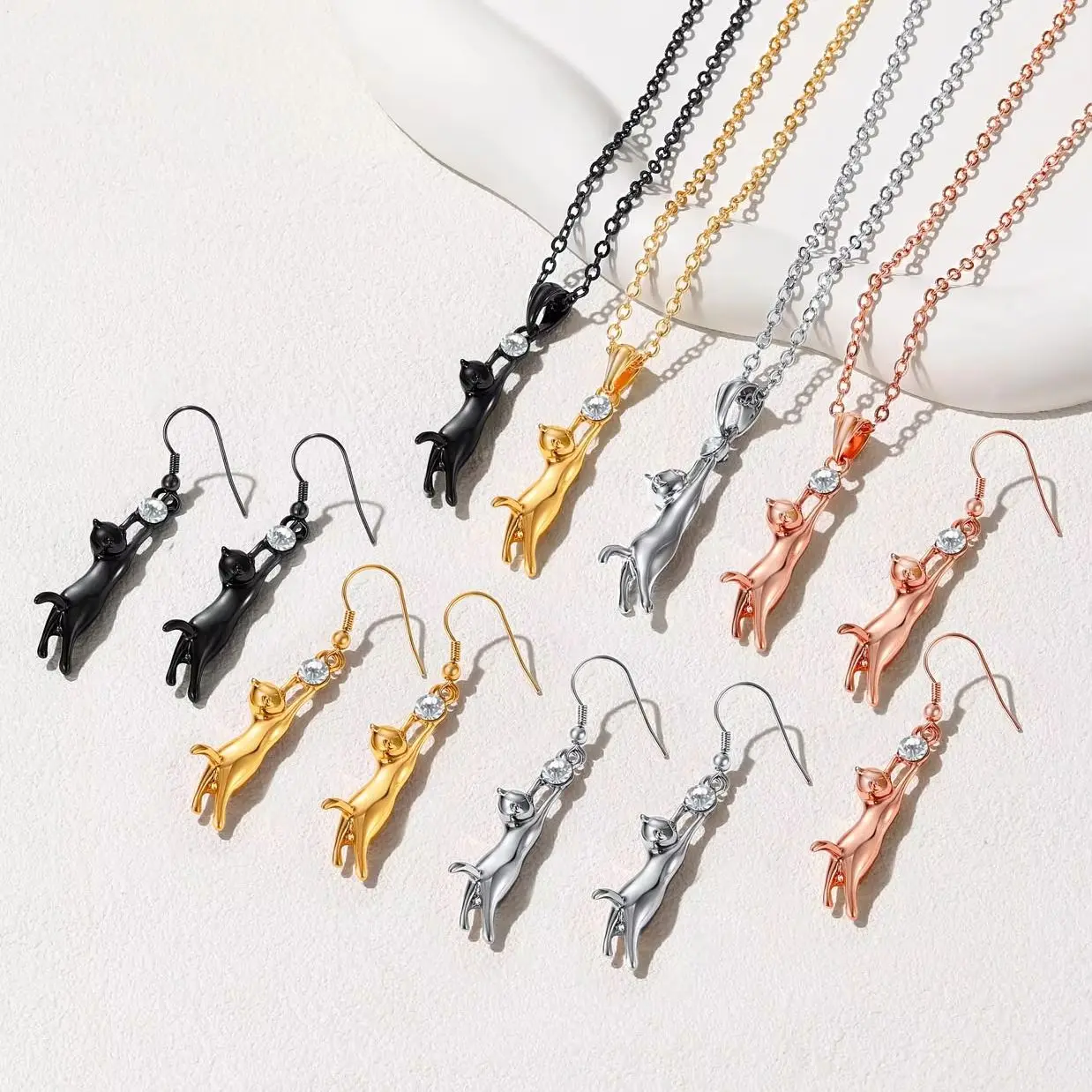 U7 Cute Cat Jewelry Set for Woman Necklace Earring Set Cute Cat Chasing Ball CZ Jewelry Gift for Cat Person