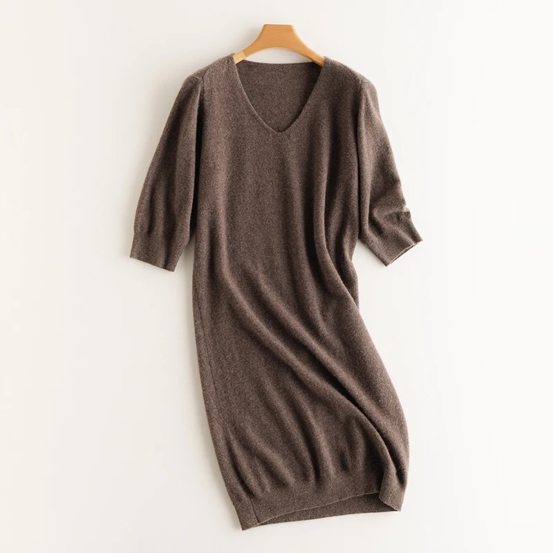 Hot Sale 100% Cashmere High-end Women Loose Long Sweater Dress Autumn Female Short Sleeve Soft Knitted Dresses Ladies Clothes