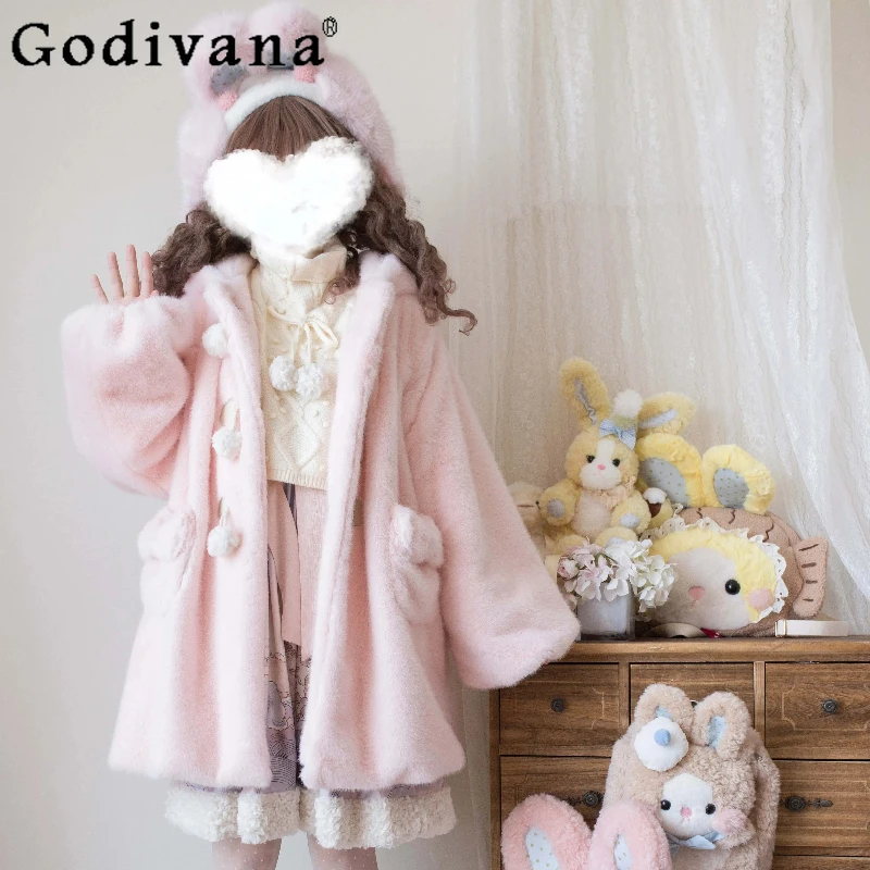 

Оригинальная милая плюшевая куртка в стиле Лолиты для девочек с капюшоном из искусственного меха, осенне-зимняя женская милая теплая длинная куртка на толстом меху, пальто