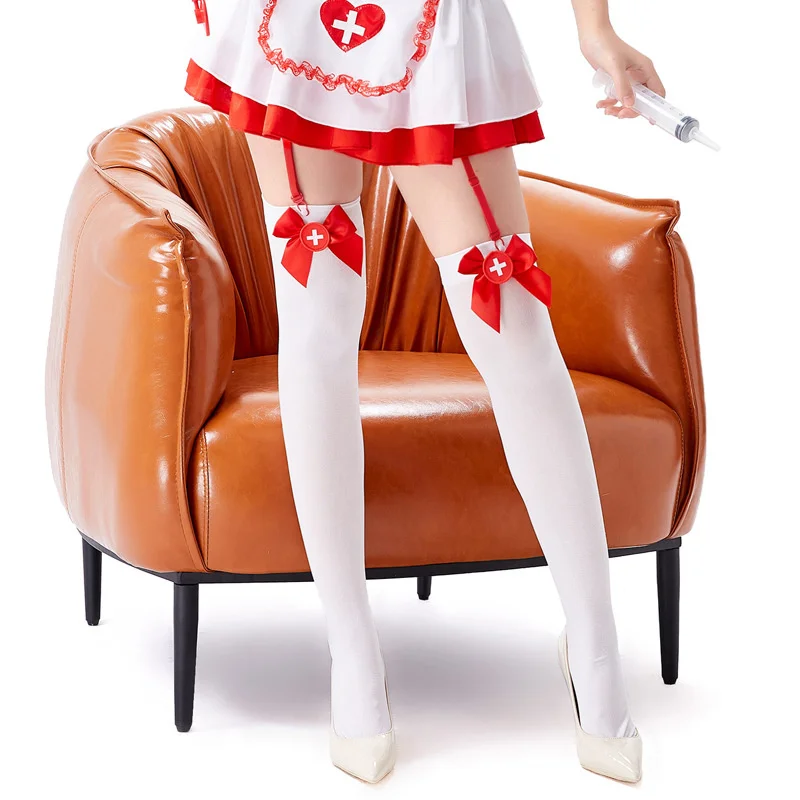 Red Nurse Thigh High Stockings Sexy Bow lady high knee sheer Comfortable Tight Mesh Fetish club party hosiery women