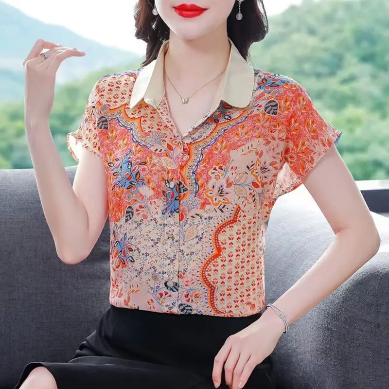 Elegant Floral Printing Women\'s Clothing 2023 Summer POLO Collar Loose Comfortable Tops Women Broken Flower Chiffon Shirt