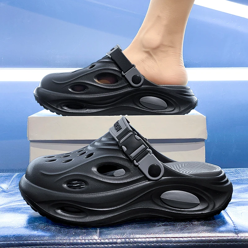 Men's Outdoor Summer Driving Thick Bottom Anti-Slip Coconut Hole Slippers Big Size Head Shoes Casual Sport Leisure EVA Material
