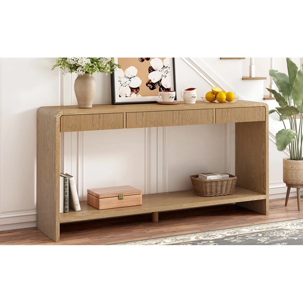 طاولة كونسول حديثة ذات 3 أدراج مع شرائح عمودية، تصميم حافة مستديرة، مثالية للمدخل أو المدخل أو خلف الأريكة