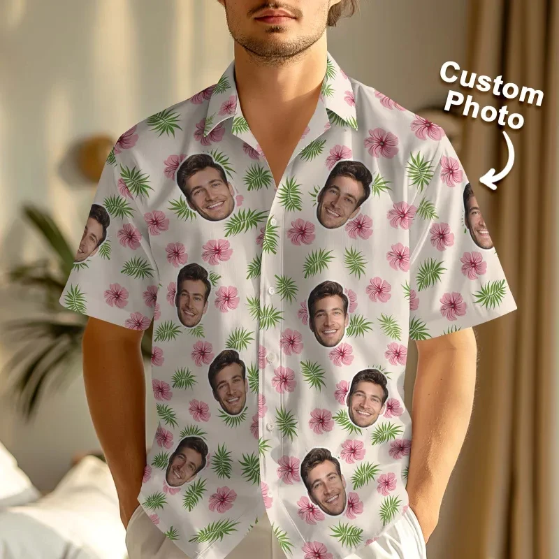 

Custom Face Hawaiian Shirt Flamingo Tropical Print Personalized Diy Photo Short Sleeve Casual Beach Funny Gift Men Women Blouses