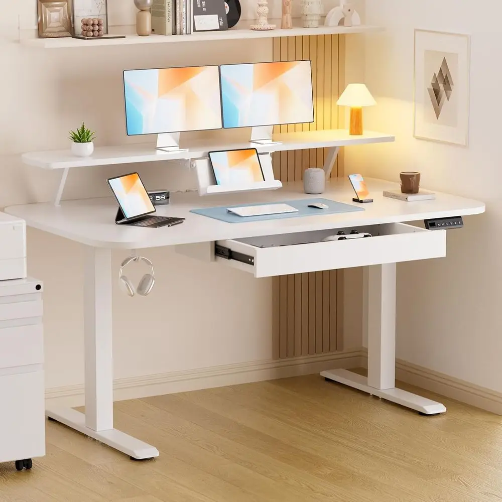 

Adjustable Height Desk 55x24 with Monitor & Laptop Stand, White, Ergonomic Sit-Stand Desk for Home or Office