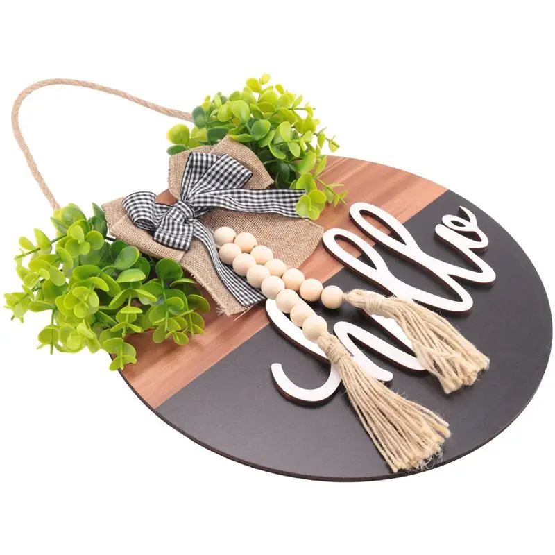 AB08-Welcome Door Sign/Rustic Home Decor For Front Door Bedroom Wood Hanging Wall Pediments With Rustic Wood Beaded Black Easy T