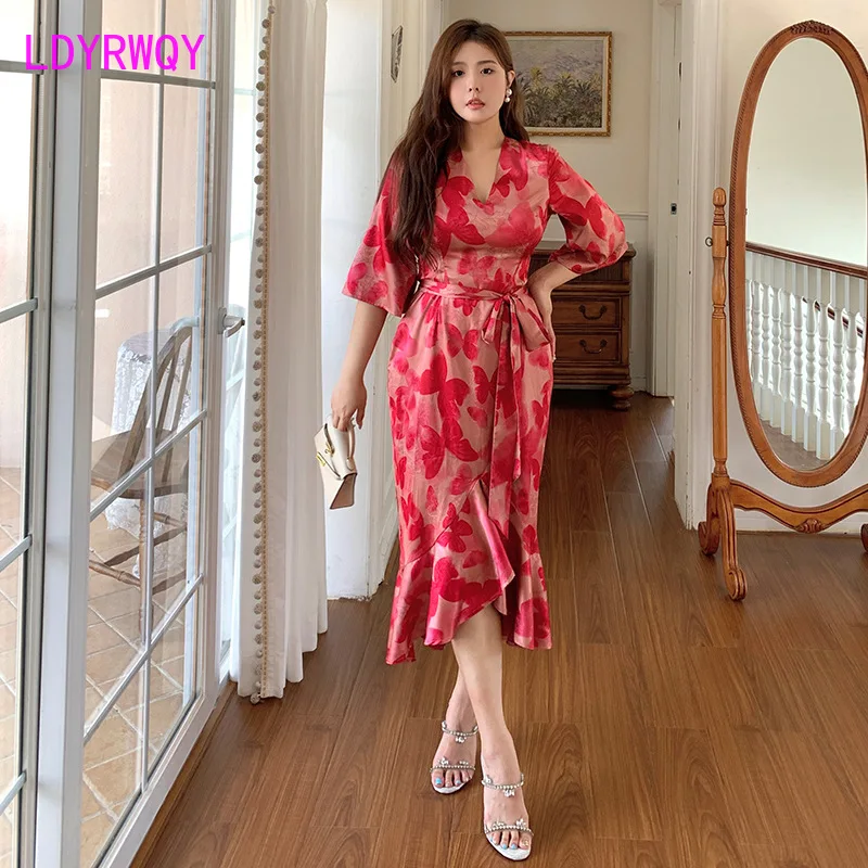 Dress V-neck Summer Fat mm floral dress French waistband fishtail dress 1662