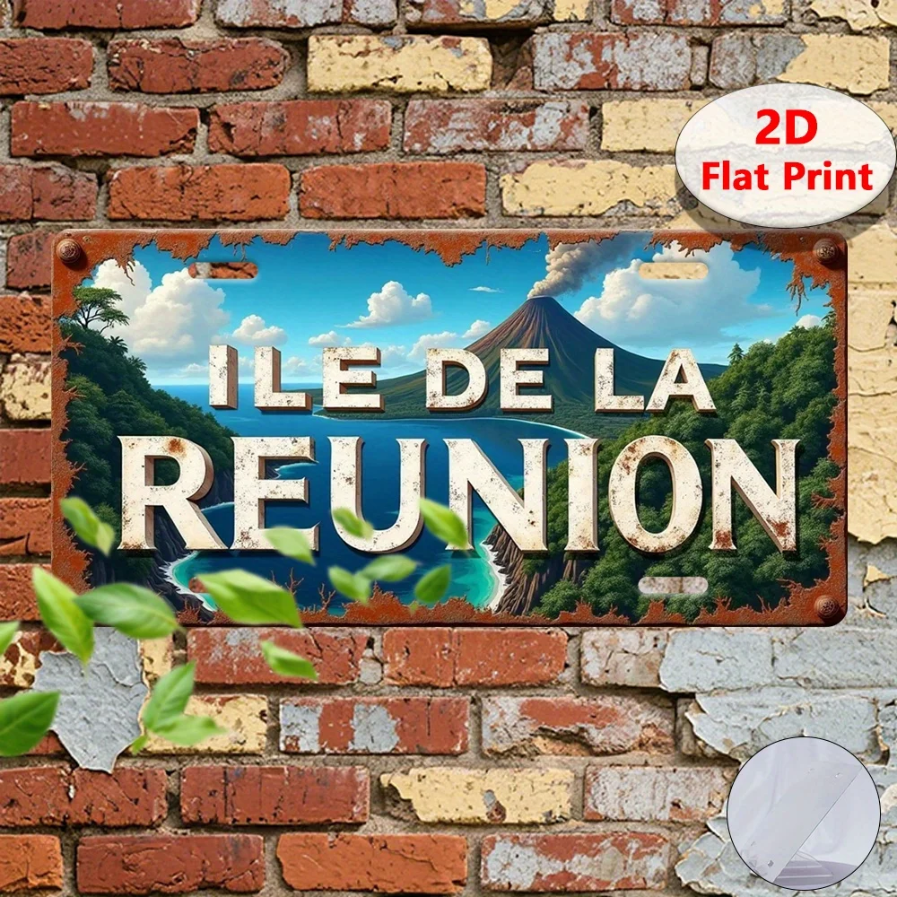 2D flaches, 1-teiliges Vintage-Metallschild „Ile De La Reunion“ – 30x15cm rustikale Wandkunst mit tropischer Landschaft und Palmen, Aluminium