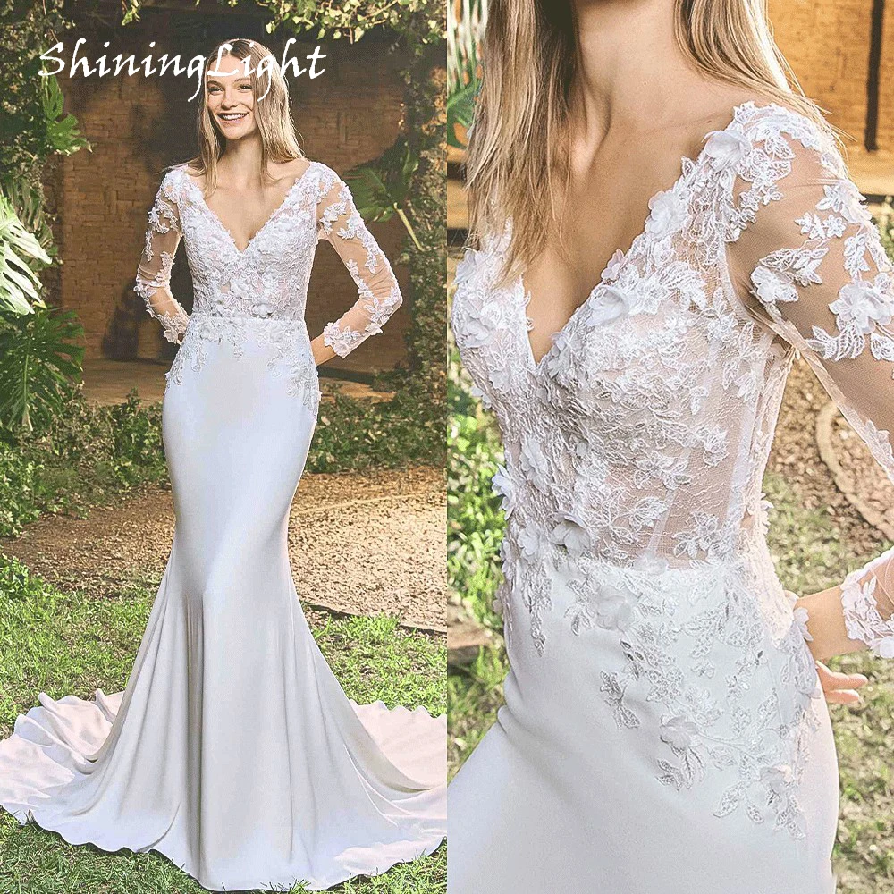 

ShiningLight Lace Appliques Mermaid Wedding Dress Long Sleeve V Neck Boho Satin Bridal Gowns Vestidos De Noiva 2026 Customized