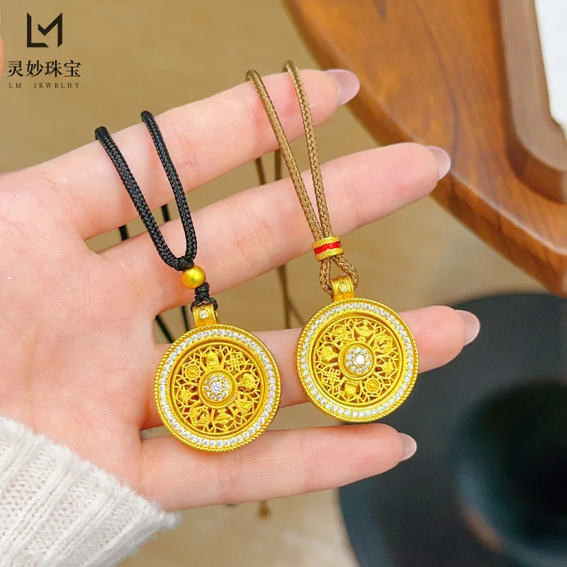 

24K real gold dot diamond hollow eight treasure compass 9999 rotatable pendant disc necklace sweater chain gift for girlfriend
