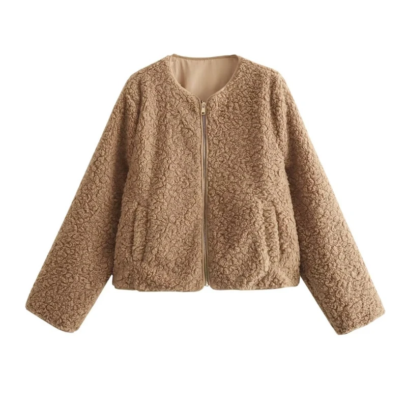 Winter Brown Faux Fur Coats Solid Zipper Stylish O-neck Furry Jacket Fluffy Zip-up Offce Lady Luxury Faux Lamb Plush Coat Casual