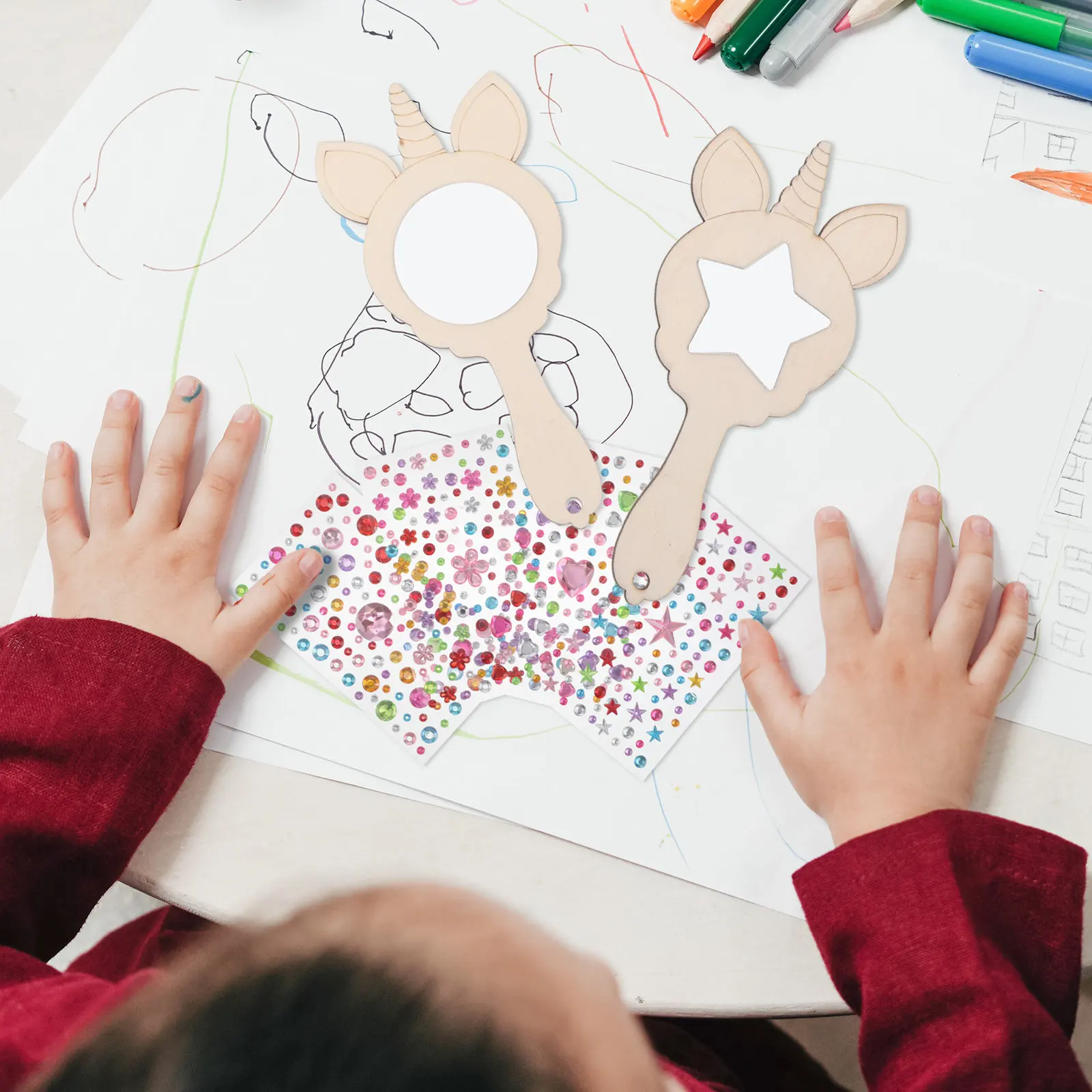 

Набор из 1 предмета: Деревянное зеркало с дизайном единорога, неокрашенное, для самостоятельной росписи, портативное, для декора и макияжа