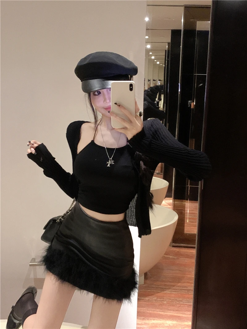 Design Women Stitching Fur Short Length Skirt Female Autumn and Winter New High Quality PU Leather Black Skirt Fashion