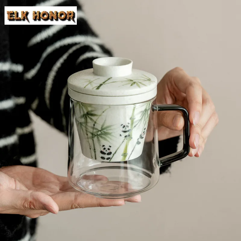 

450ml Hand-painted Panda Playing With Bamboo Filter Tea Separator Cup Boutique Tea Mug With Infuser Tea Brewing Office Water Cup