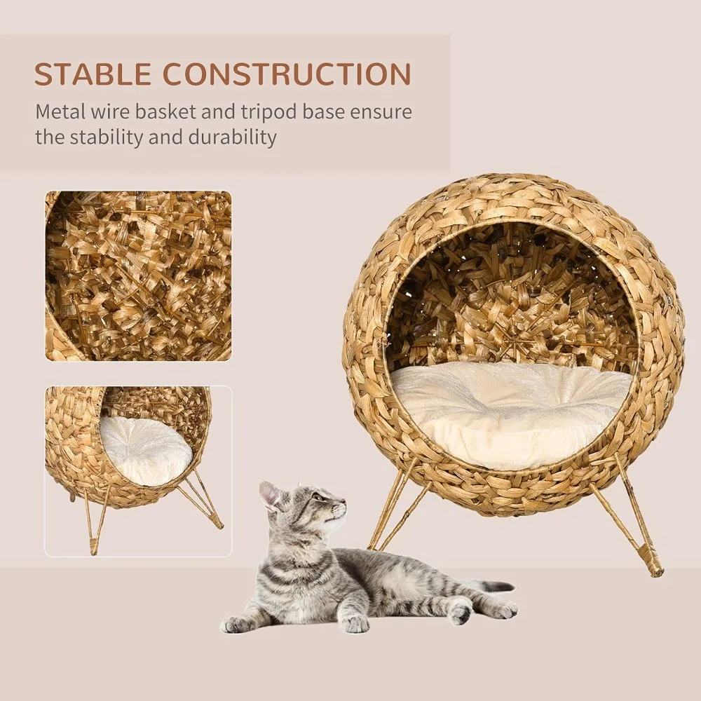 PawHut-cama tejida de 20,7 "para gato, casa elevada trenzada de hoja de plátano tejida a mano, condominio con cojín, Natural