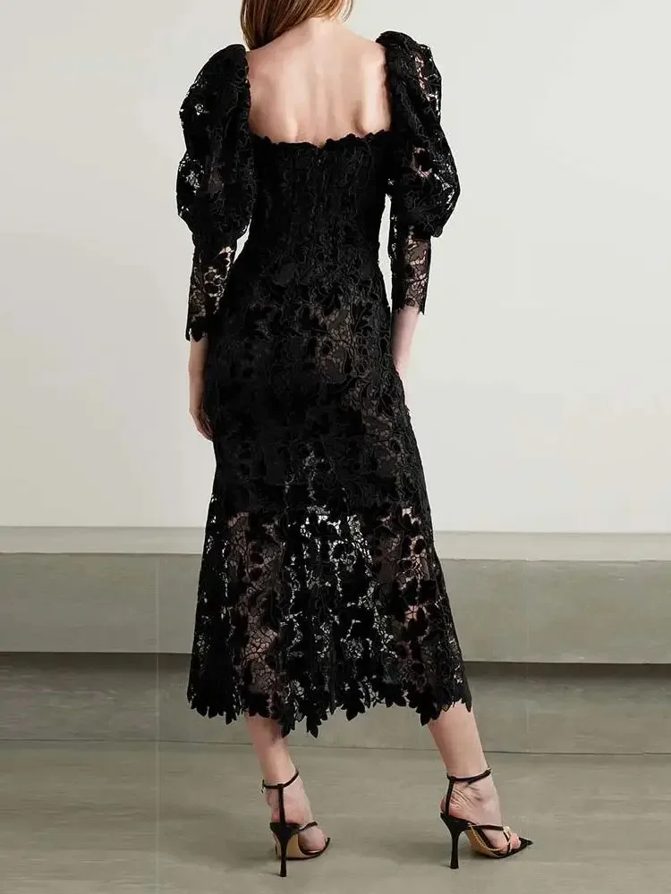 2024 New Summer Women's High Quality Sexy Black V-neck Bubble Sleeve Tight Lace Midi Dress Elegant Celebrity Style Party Gown