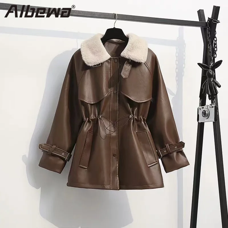 Winter Women\'s Faux Leather Jackets Warm Padded Faux Fur Collar Button Moto Biker Jacket Coat Vintage Casual Coats Outerwear