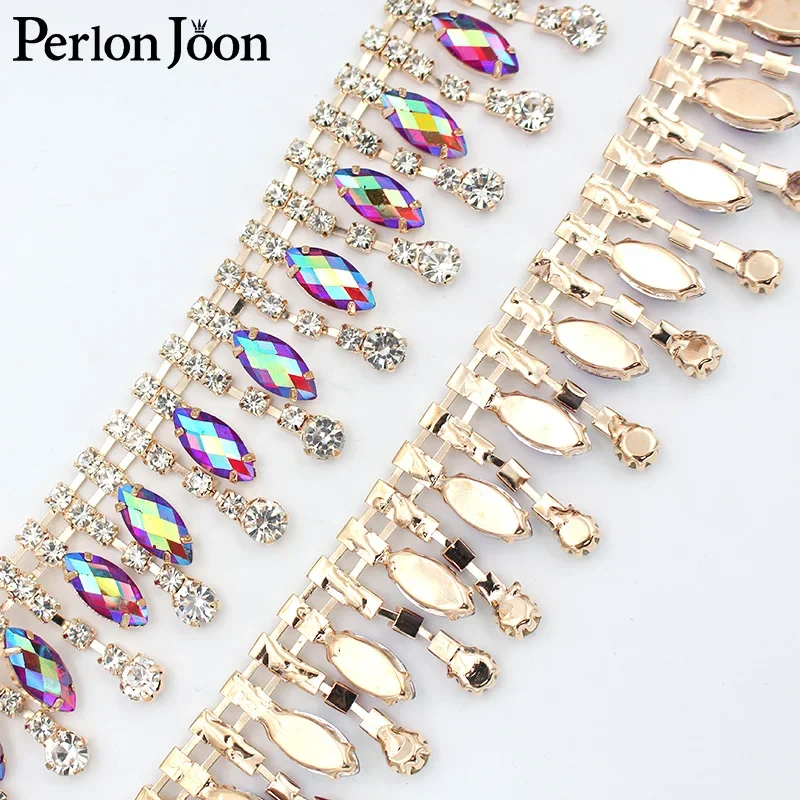 Drop AB Rhinestone trim multicolor crystal gold chain for women clothing decoration shoes accessories ML057