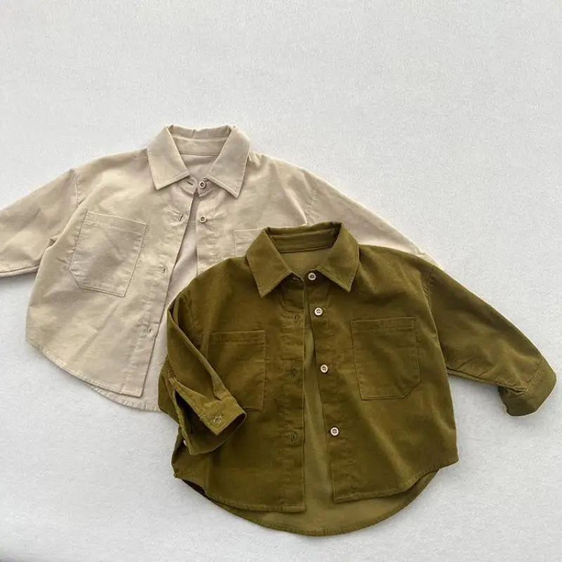 

2025 Autumn New Children Long Sleeve Shirts Cotton Girls Vintage Solid Coat Fashion Boys Casual Lapel Shirts Kids Clothes