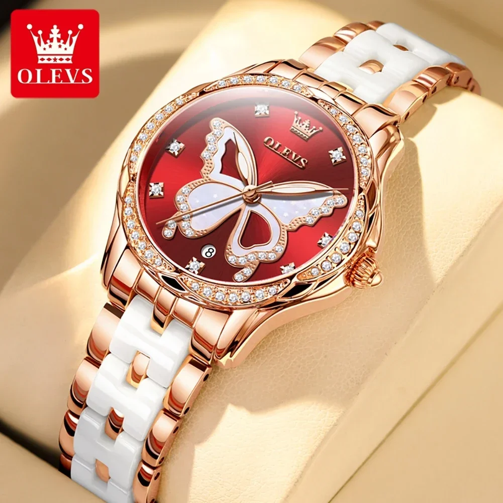 OLEVS 5610 Butterfly Dial Women Watches Elegant Fashion Rhinestone Bezel Ceramic Strap Wristwatch Waterproof Reloj Mujer 2024