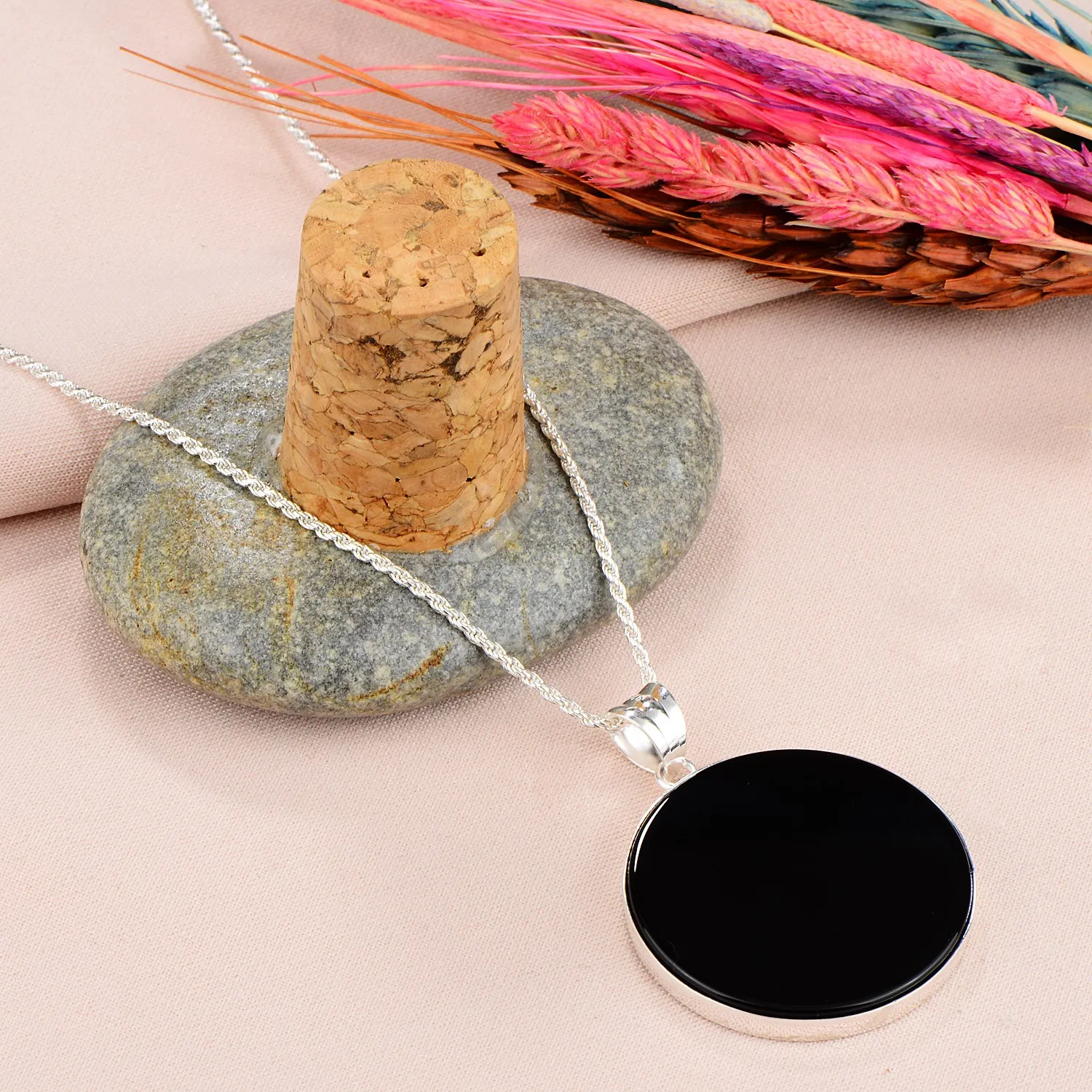 

Natural Black Onyx Pendant , 925 Sterling Silver Handmade Natural Black Onyx Necklace , Round Onyx Pendant , 30MM Diameter Onyx