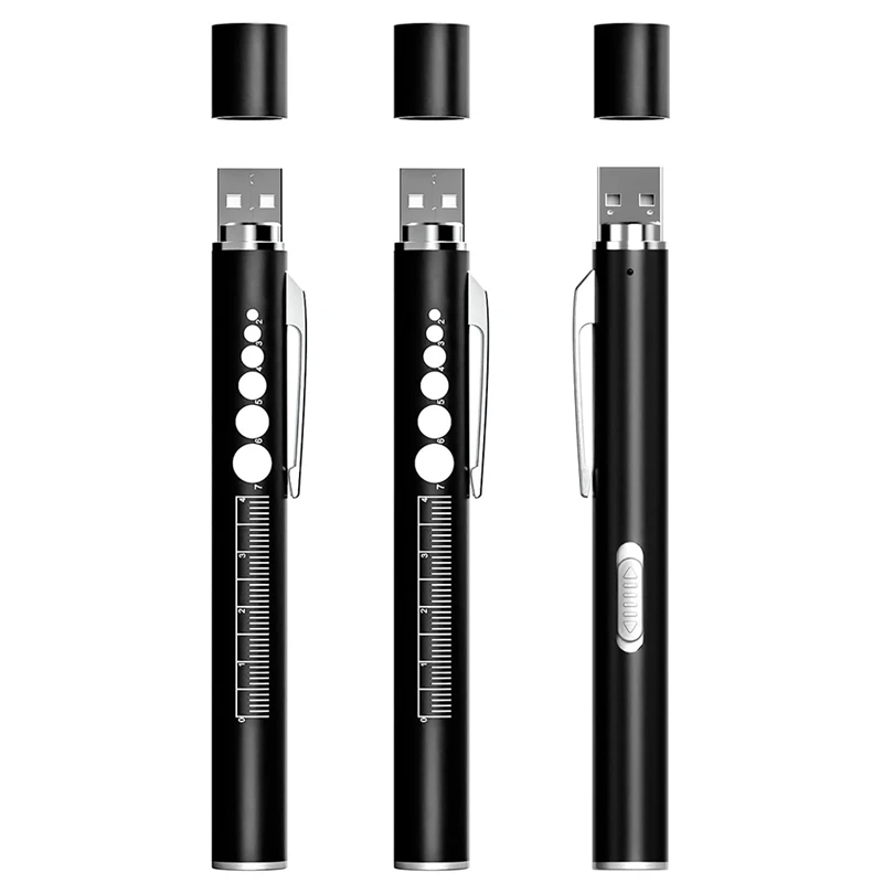 3 Rechargeable Penlights With Pupil Gauge & Ruler, LED Pen Lights For Nurses Doctors, Warm/White Light, Easy Install Black