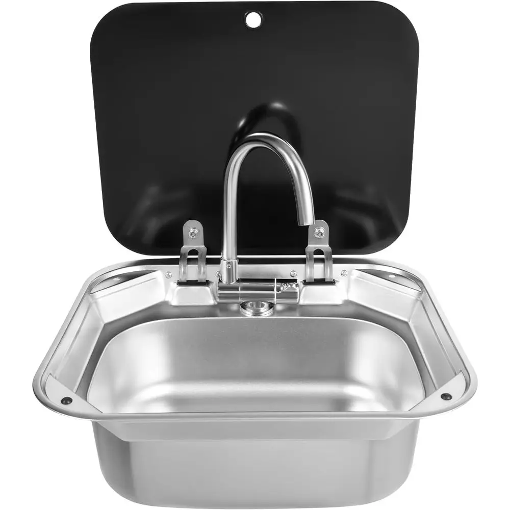 

Уличная кухонная мойка для автофургона с крышкой, глубокая (4 дюйма) раковина из нержавеющей стали для мытья рук с краном для холодной/горячей воды и сливным фильтром, полный комплект