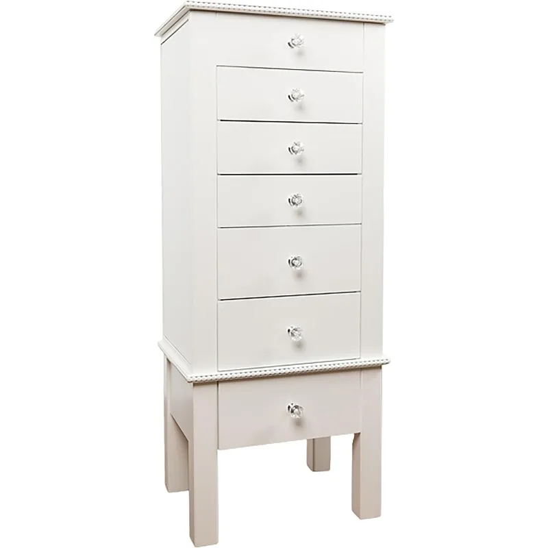 Jewelry Armoire - Modern White Storage Organizer with Divided Drawers and Necklace Hooks