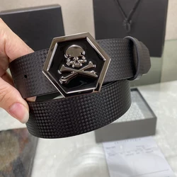 2024 Skull Head Belt Minimalist Belt Cowhide Men's Business Fashion High Quality Comfortable Europe new PP Metal Buckle