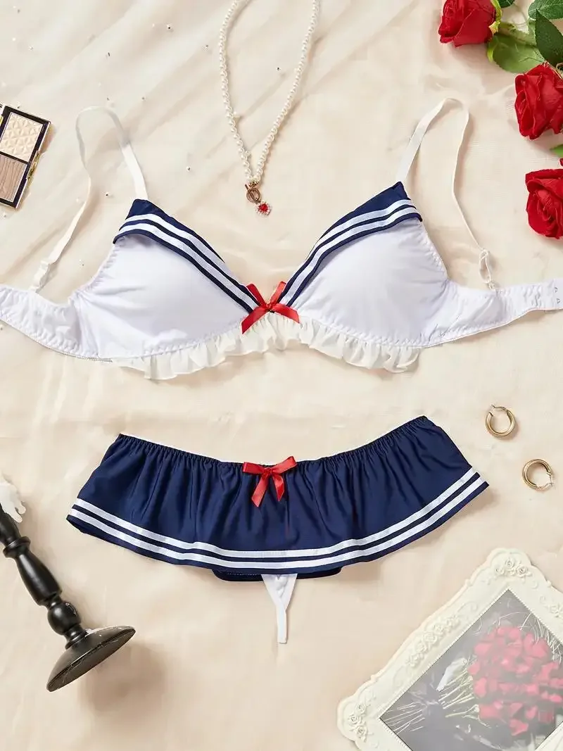 

Erotic Sexy Student Uniform Bra And Panty Set Underwear Transparent Bra Exotic Sets Sexy Thong Woman Porn Lingerie Women Costume